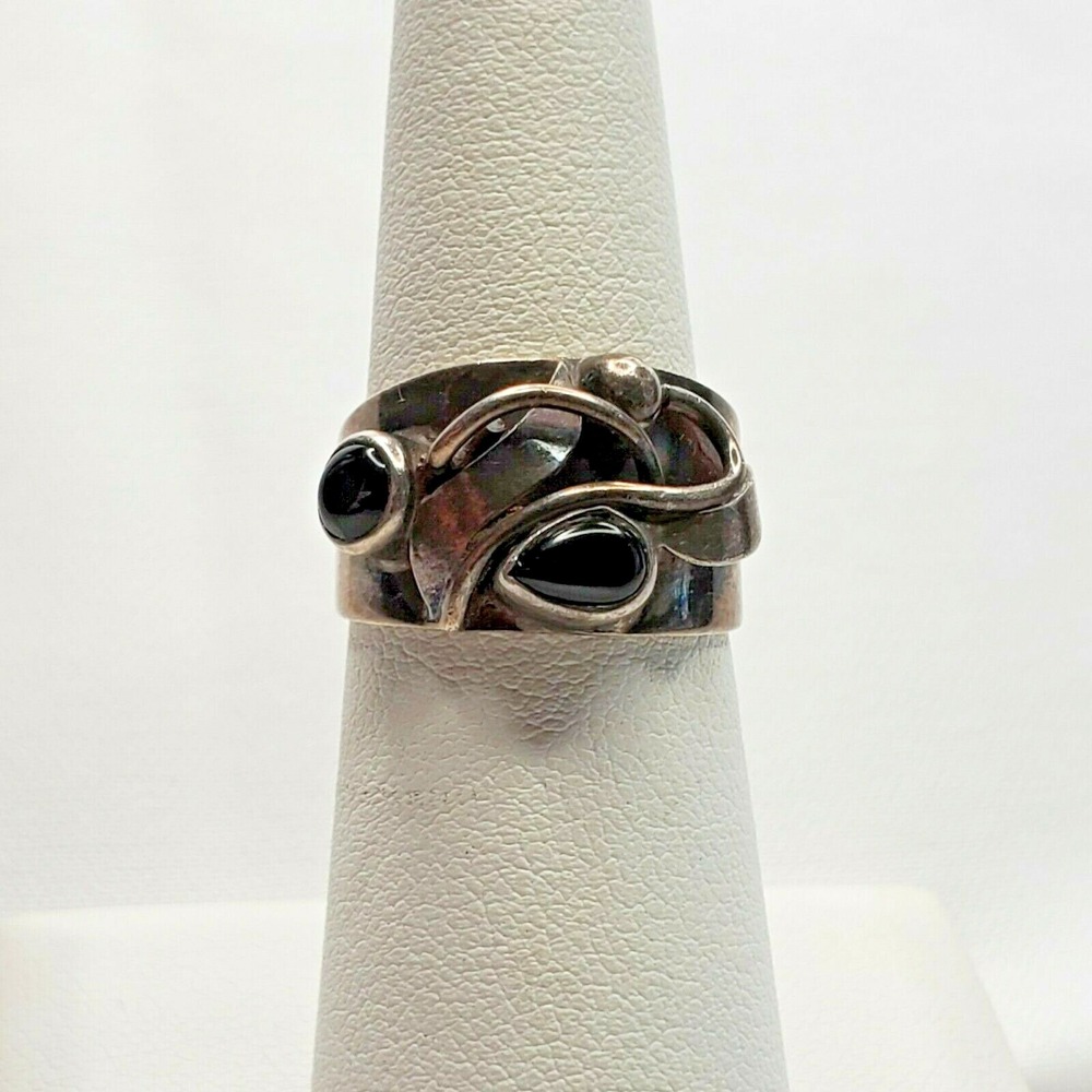 Vintage 925 Sterling Silver Abstract Vine Black Onyx Buds Design Ring Size 6.75 - Picture 2 of 12